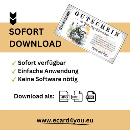 Mopedführerschein Gutschein digital sofort Download blau-weißes Enduro-Motorrad