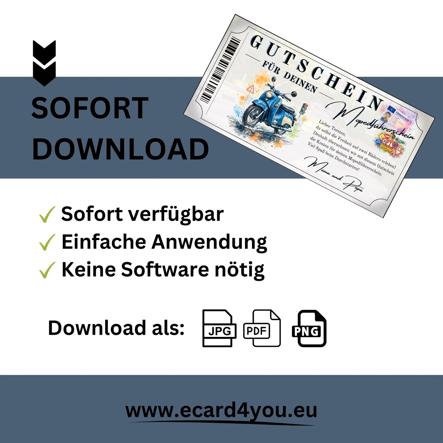 Mopedführerschein Gutschein digital sofort Download blaue Simson Schwalbe Motiv