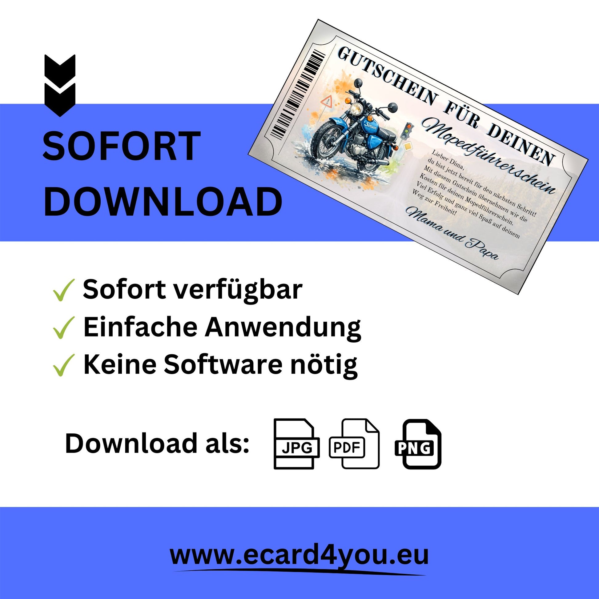 Mopedführerschein Gutschein digital sofort Download blaue Simson S51 gestalten