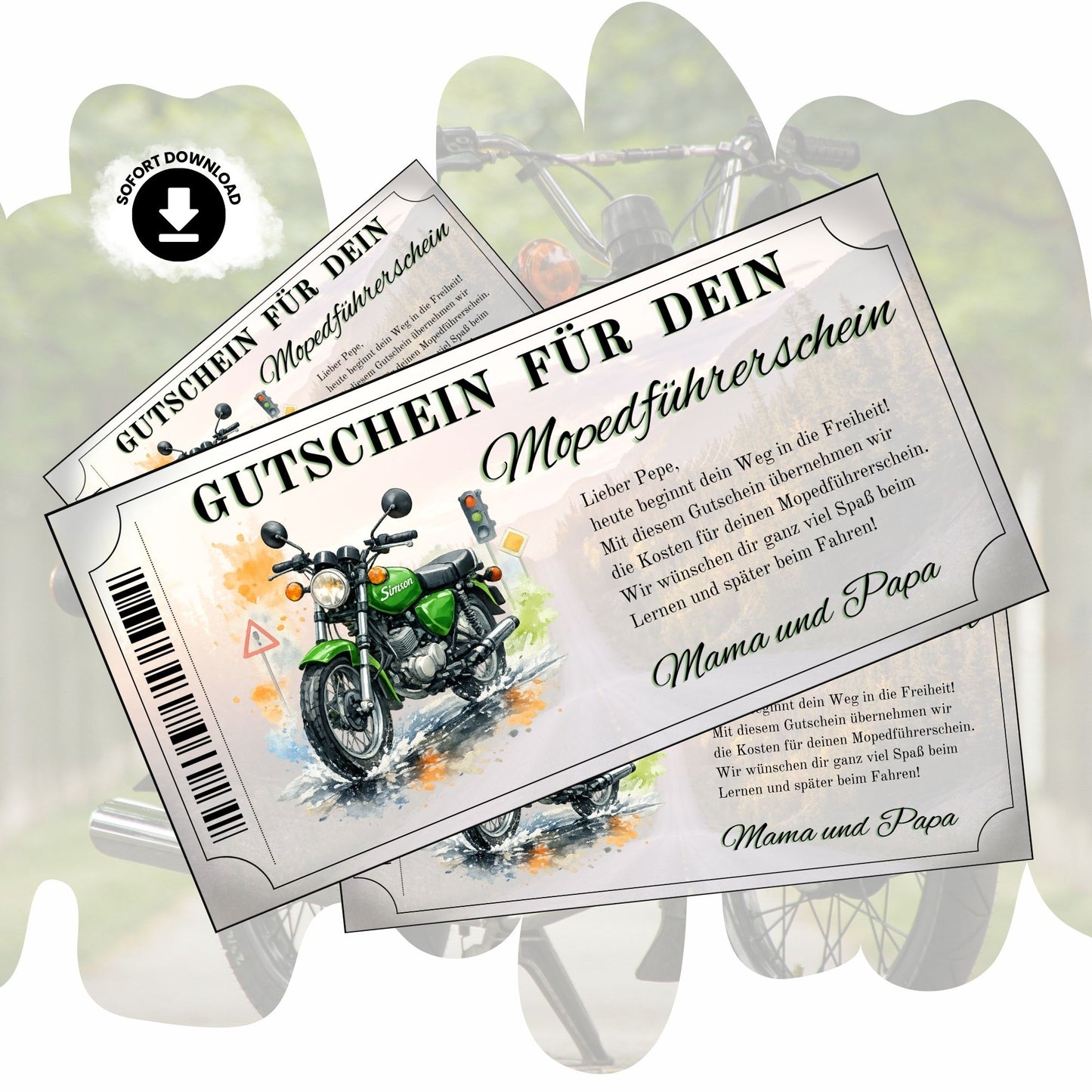 Mopedführerschein Gutschein mit grüner Simson S51 im Aquarell-Stil