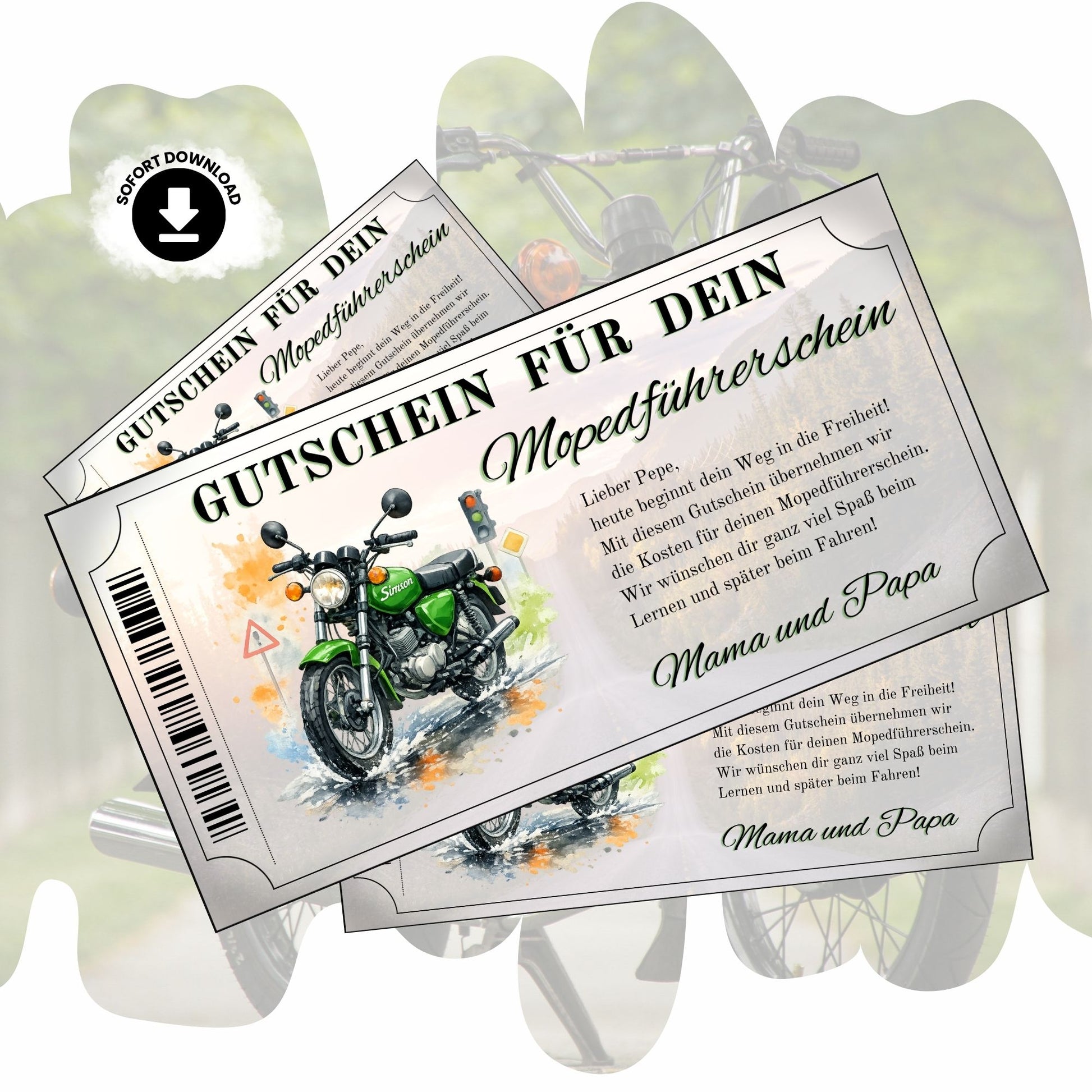 Mopedführerschein Gutschein mit grüner Simson S51 im Aquarell-Stil