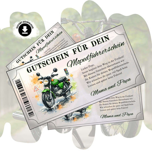 Mopedführerschein Gutschein mit grüner Simson S51 im Aquarell-Stil