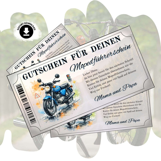 Mopedführerschein Gutschein mit blauer Simson S51 im Aquarell-Stil