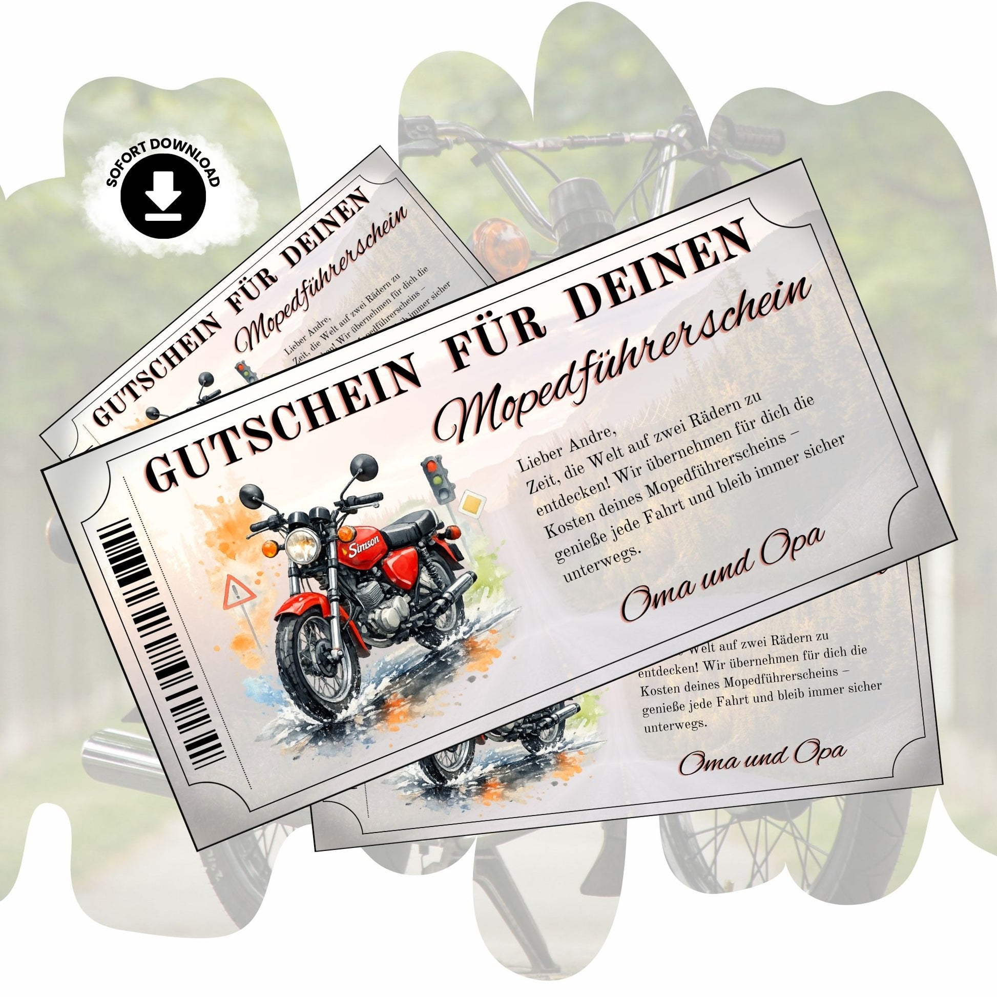 Mopedführerschein Gutschein mit roter Simson S51 im Aquarell-Stil