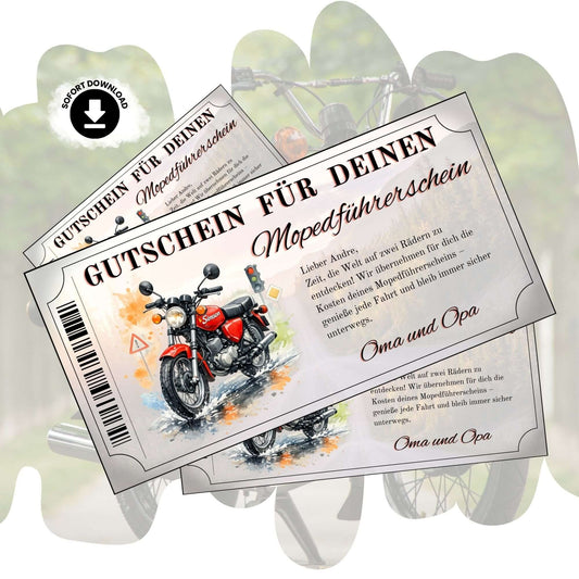 Mopedführerschein Gutschein mit roter Simson S51 im Aquarell-Stil