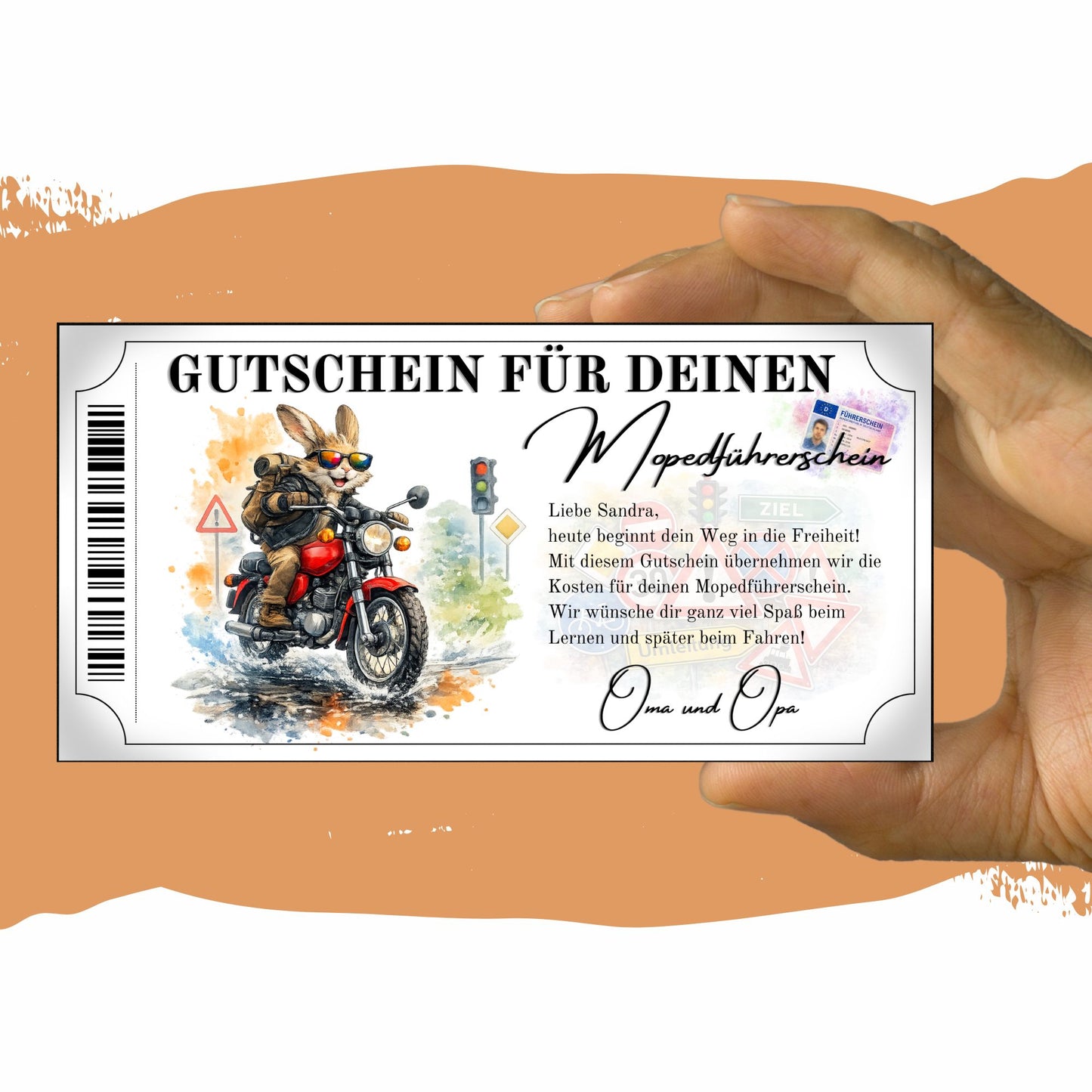 Mopedführerschein Gutschein witziger Hase Charakter Aquarell Farbspritzer