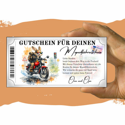Mopedführerschein Gutschein witziger Hase Charakter Aquarell Farbspritzer