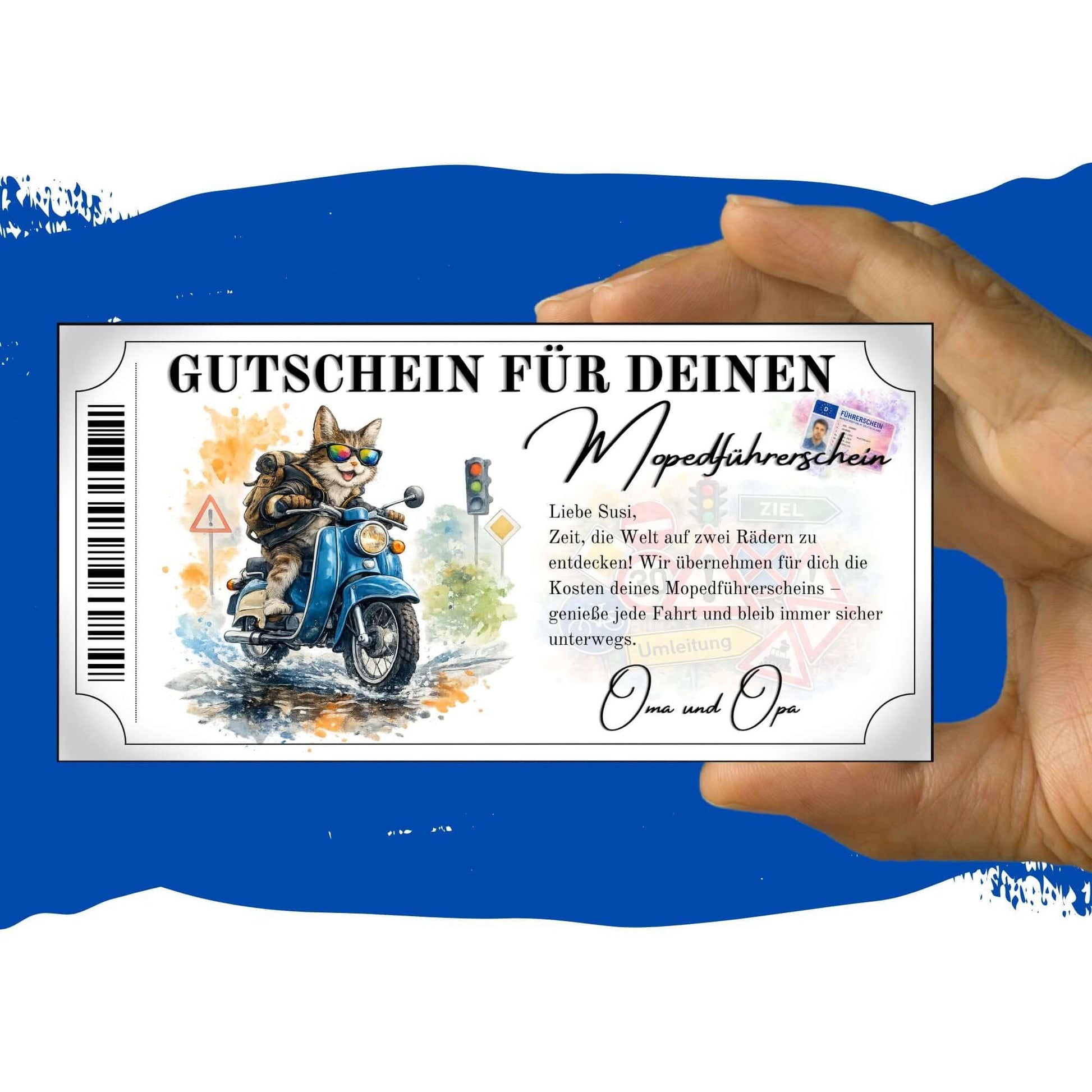 Mopedführerschein Gutschein witzige Katze Schwalbe Aquarell Farbspritzer