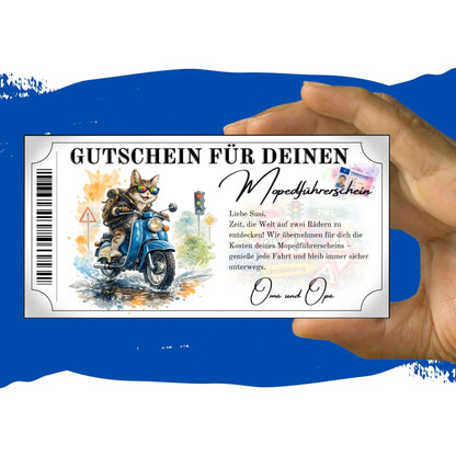 Mopedführerschein Gutschein witzige Katze Schwalbe Aquarell Farbspritzer