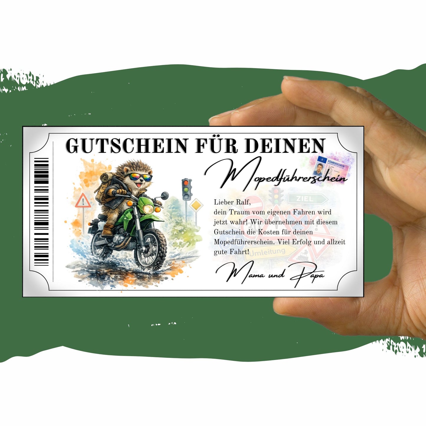 Mopedführerschein Gutschein witziger Charakter Igel Aquarell Farbspritzer