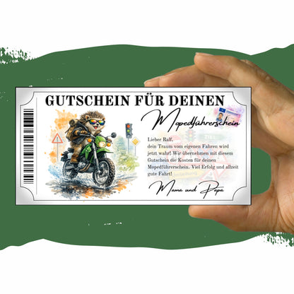 Mopedführerschein Gutschein witziger Charakter Igel Aquarell Farbspritzer
