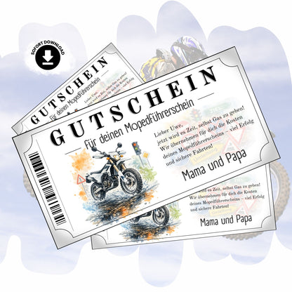 Mopedführerschein Gutschein mit weißem Enduro-Motorrad im Aquarell-Stil