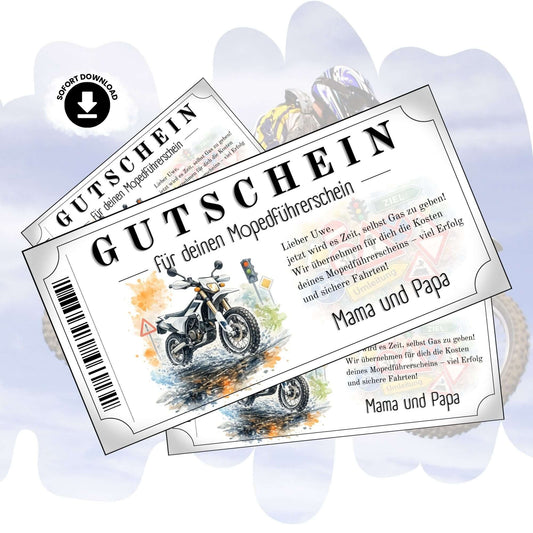 Mopedführerschein Gutschein mit weißem Enduro-Motorrad im Aquarell-Stil