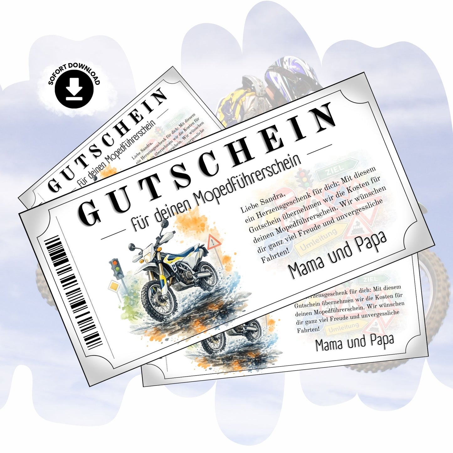 Mopedführerschein Gutschein mit blau-weißem Enduro-Motorrad im Aquarell-Stil