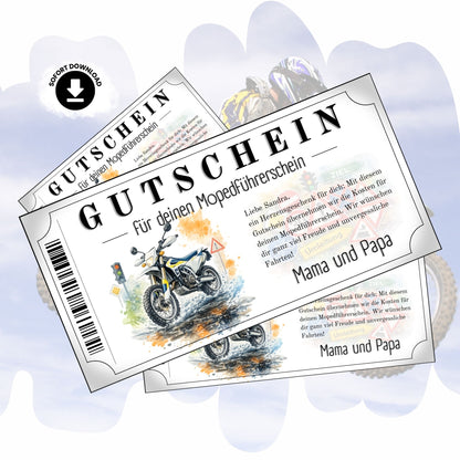 Mopedführerschein Gutschein mit blau-weißem Enduro-Motorrad im Aquarell-Stil