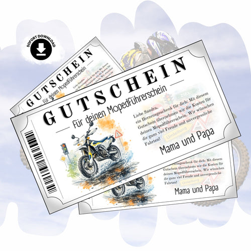 Mopedführerschein Gutschein mit blau-weißem Enduro-Motorrad im Aquarell-Stil