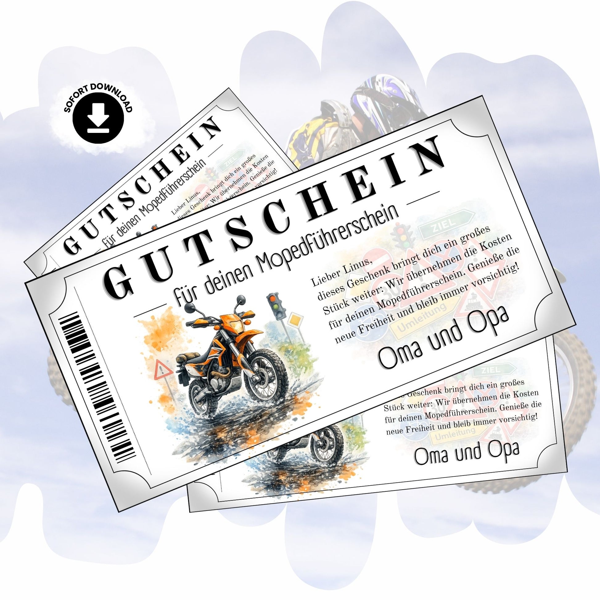 Mopedführerschein Gutschein mit orangem Enduro-Motorrad im Aquarell-Stil