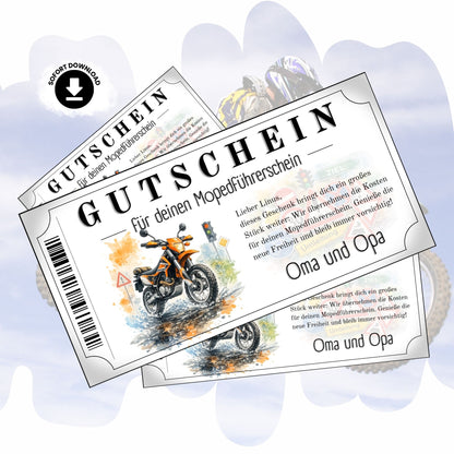 Mopedführerschein Gutschein mit orangem Enduro-Motorrad im Aquarell-Stil
