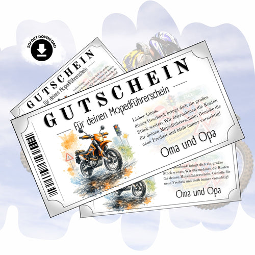 Mopedführerschein Gutschein mit orangem Enduro-Motorrad im Aquarell-Stil