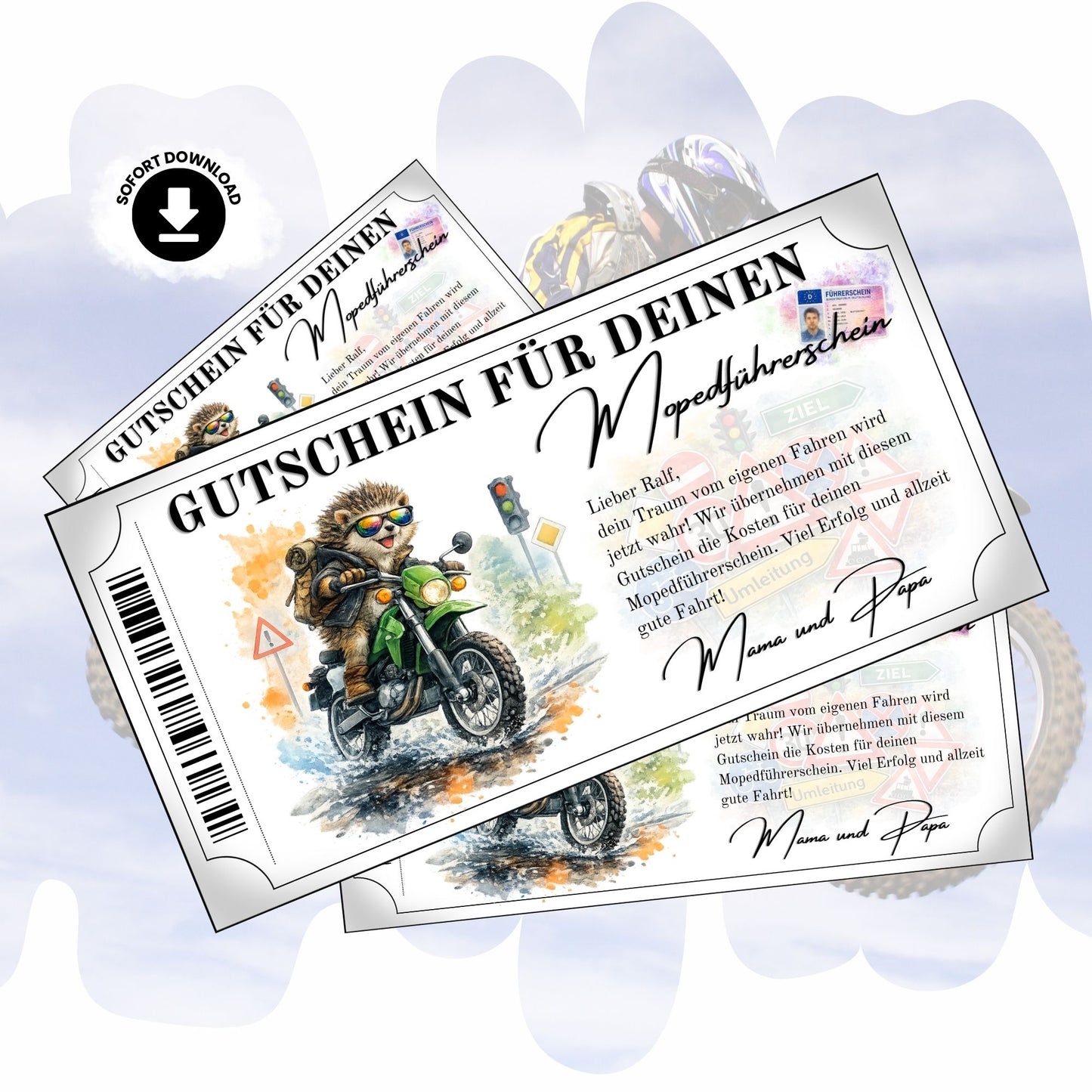 Mopedführerschein Gutschein mit Igel Sonnenbrille auf grünem Enduro-Motorrad
