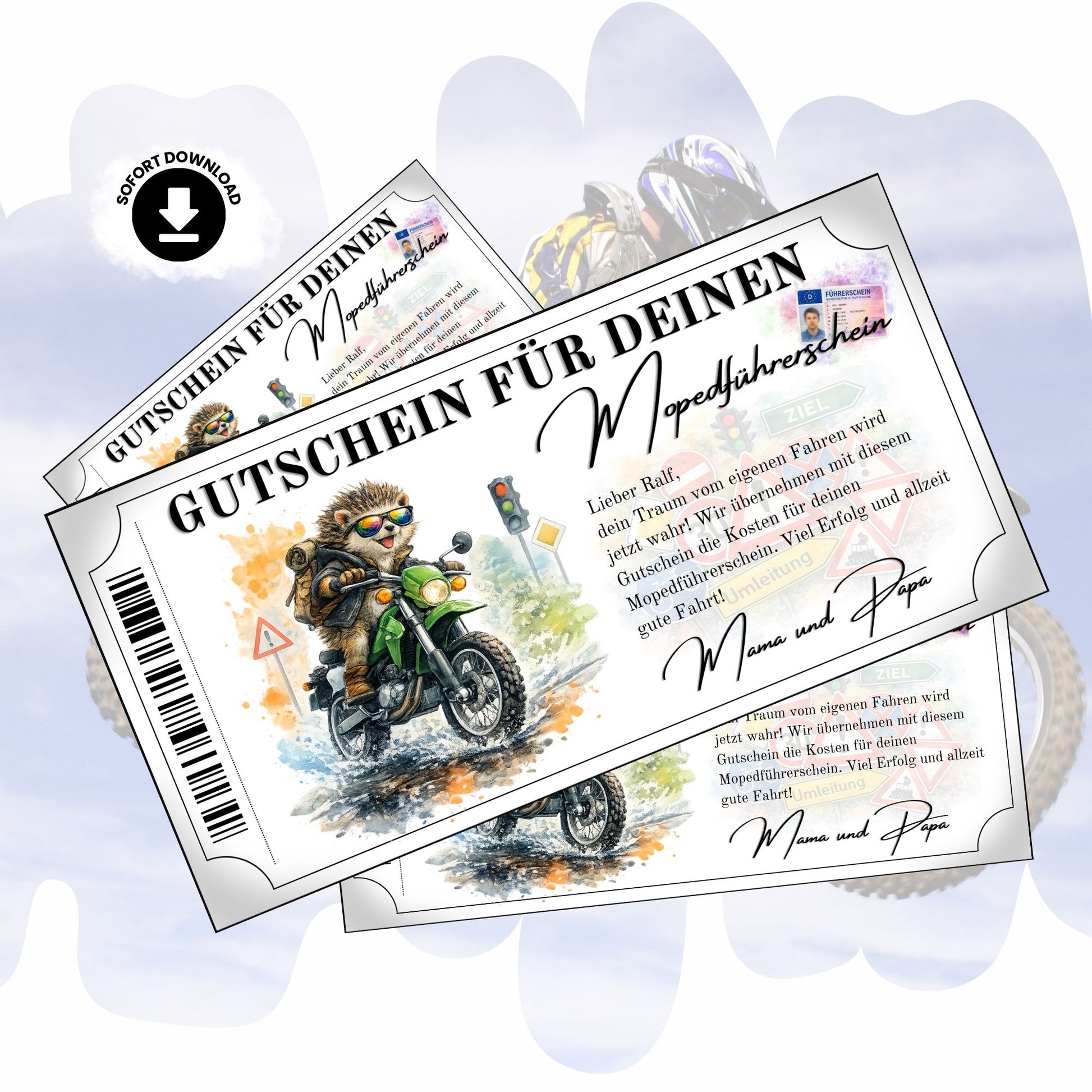 Mopedführerschein Gutschein mit Igel Sonnenbrille auf grünem Enduro-Motorrad