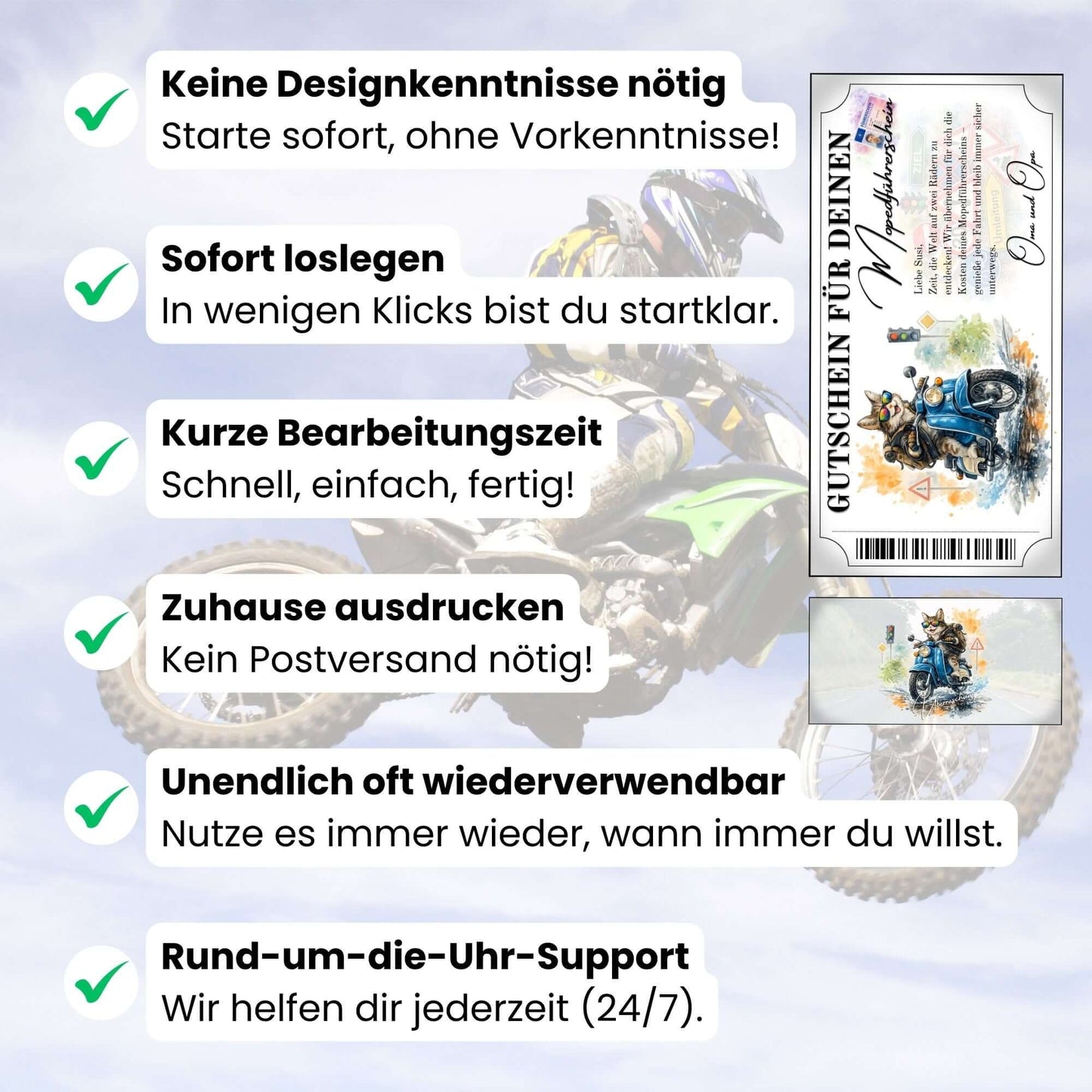 Digitaler Mopedführerschein Gutschein coole Katze Schwalbe selbst personalisieren