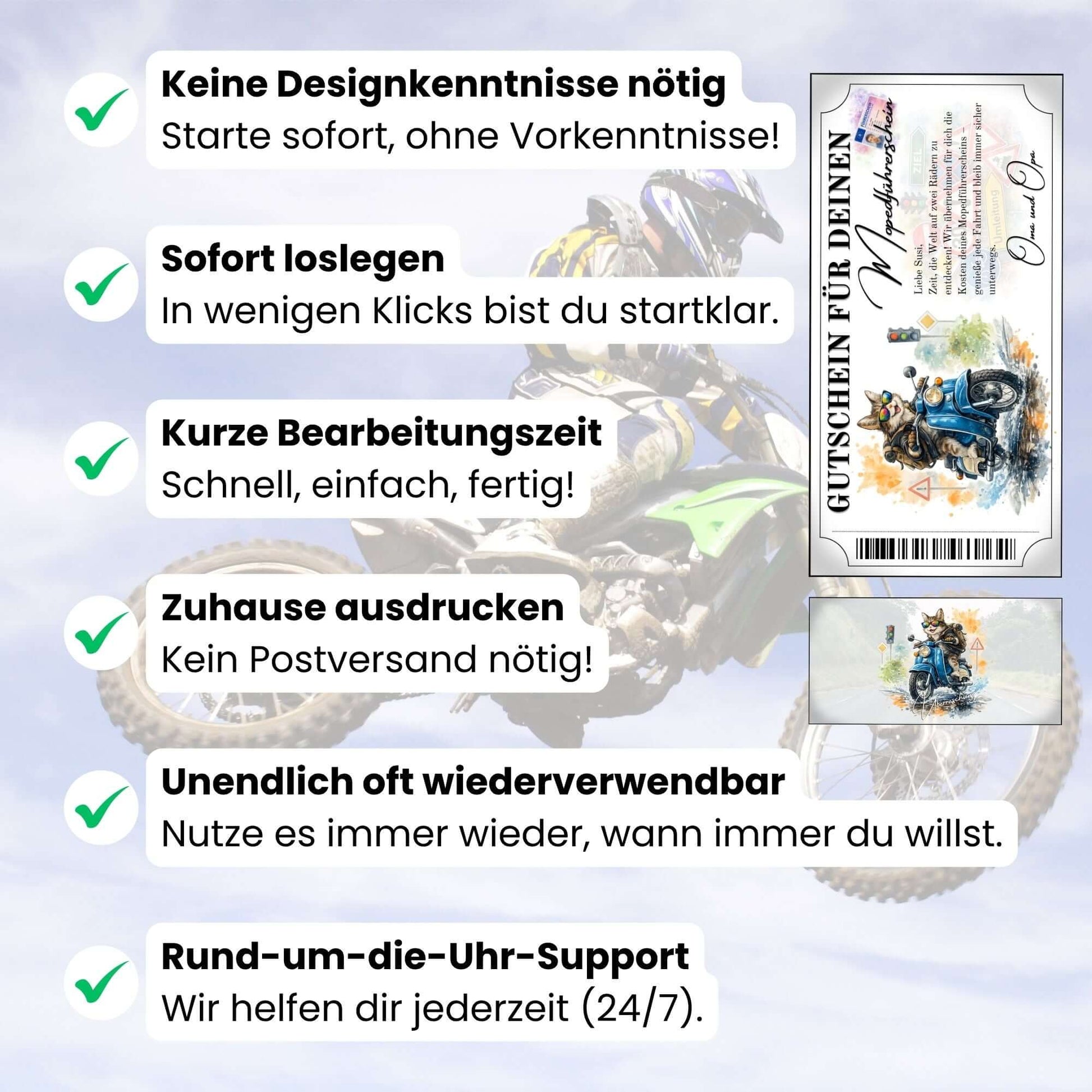 Digitaler Mopedführerschein Gutschein coole Katze Schwalbe selbst personalisieren
