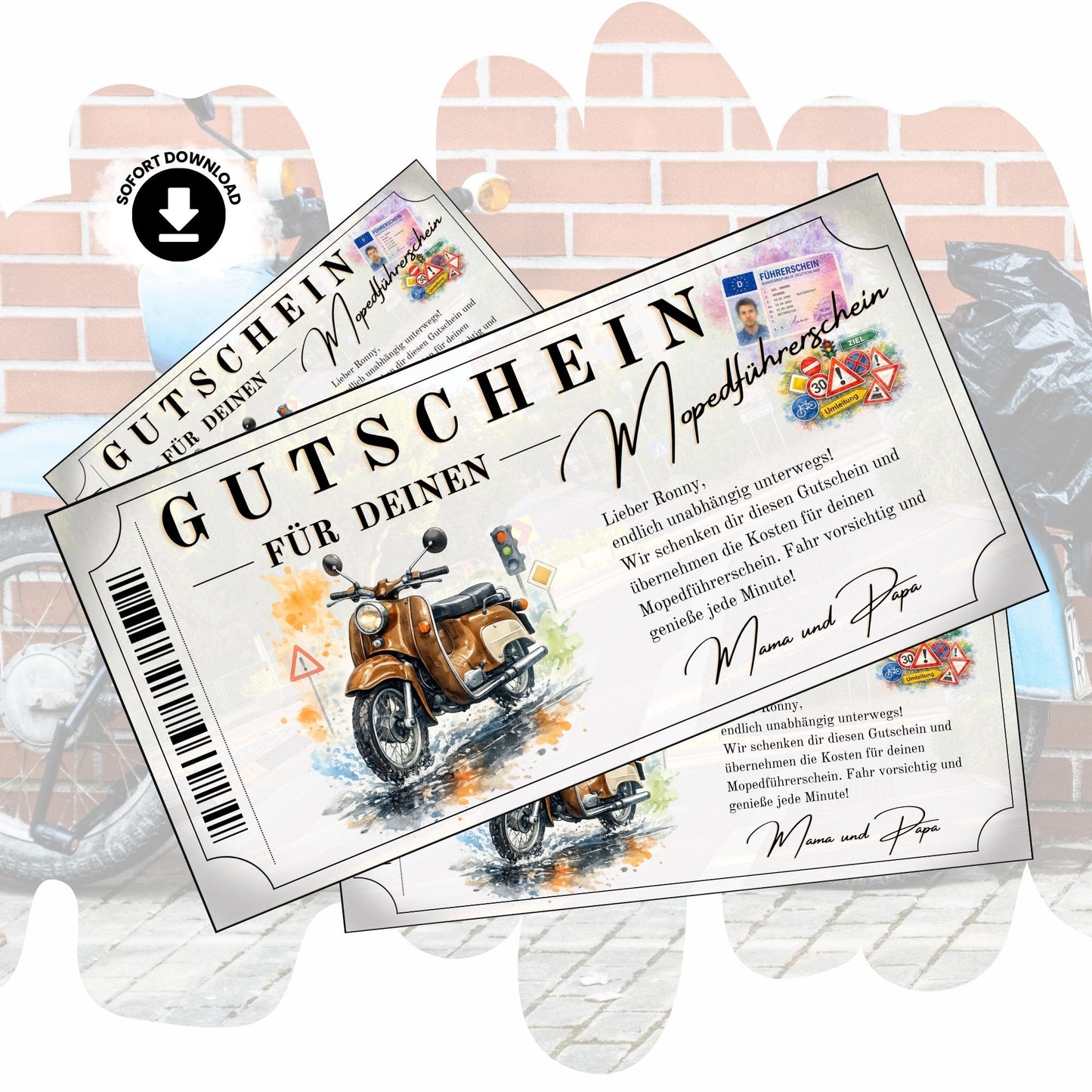 Mopedführerschein Gutschein mit bronzefarbener Simson Schwalbe im Aquarell-Stil