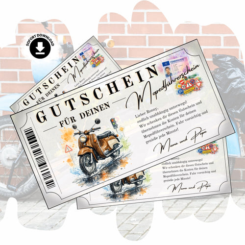 Mopedführerschein Gutschein mit bronzefarbener Simson Schwalbe im Aquarell-Stil