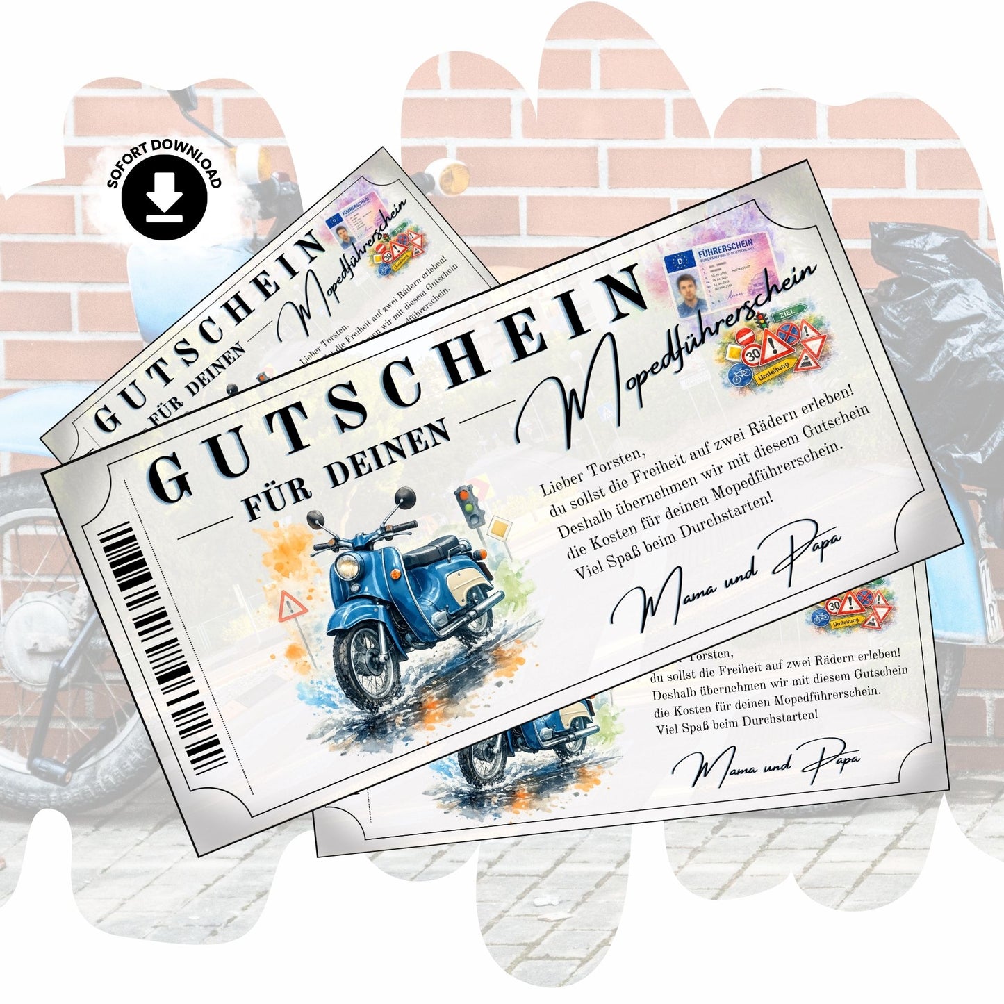 Mopedführerschein Gutschein mit blauer Simson Schwalbe im Aquarell-Stil