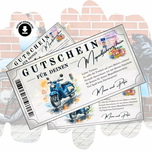 Mopedführerschein Gutschein mit blauer Simson Schwalbe im Aquarell-Stil