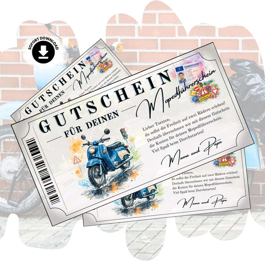 Mopedführerschein Gutschein mit blauer Simson Schwalbe im Aquarell-Stil