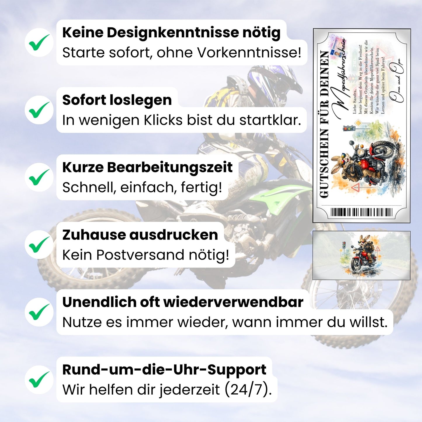 Digitaler Mopedführerschein Gutschein lustiger Hase Design selbst personalisieren