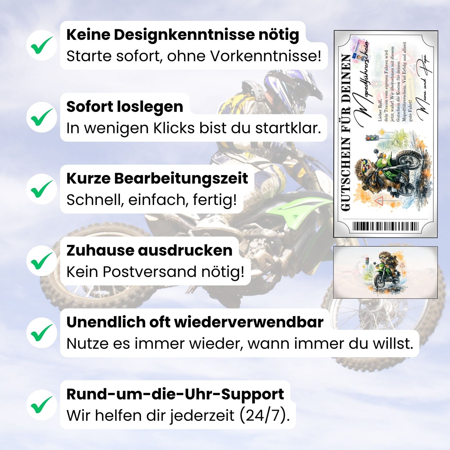 Digitaler Mopedführerschein Gutschein Igel-Design selbst personalisieren