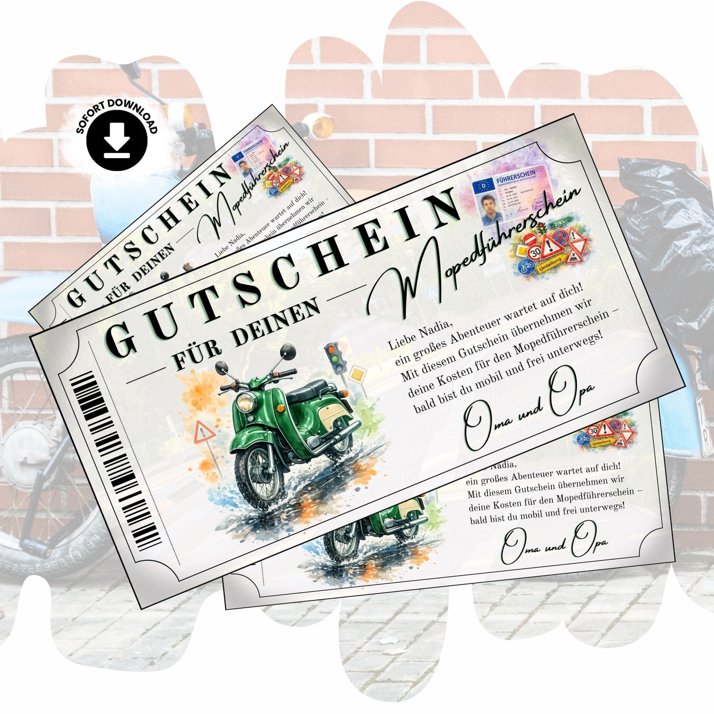 Mopedführerschein Gutschein mit grüner Simson Schwalbe im Aquarell-Stil