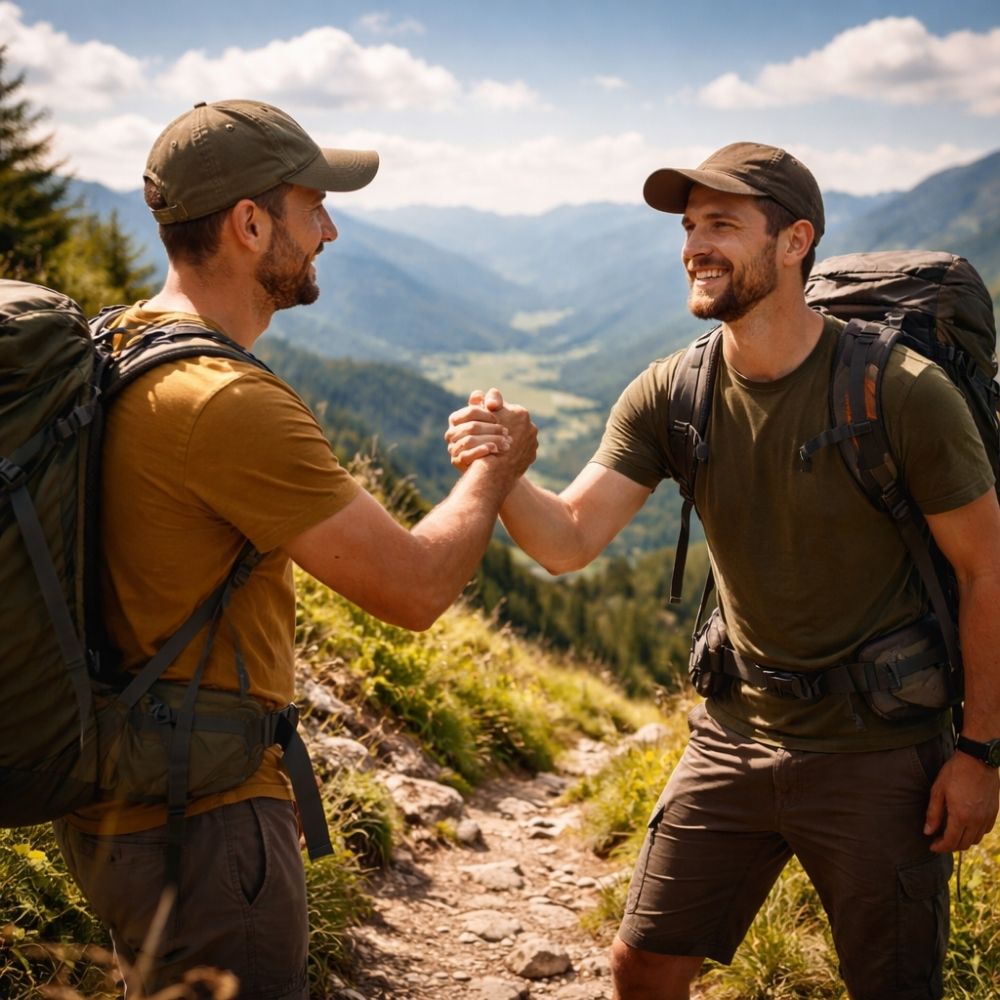 Zwei Wanderer reichen sich die Hand in der Natur – digitaler Outdoor Gutschein per WhatsApp oder E-Mail versenden
