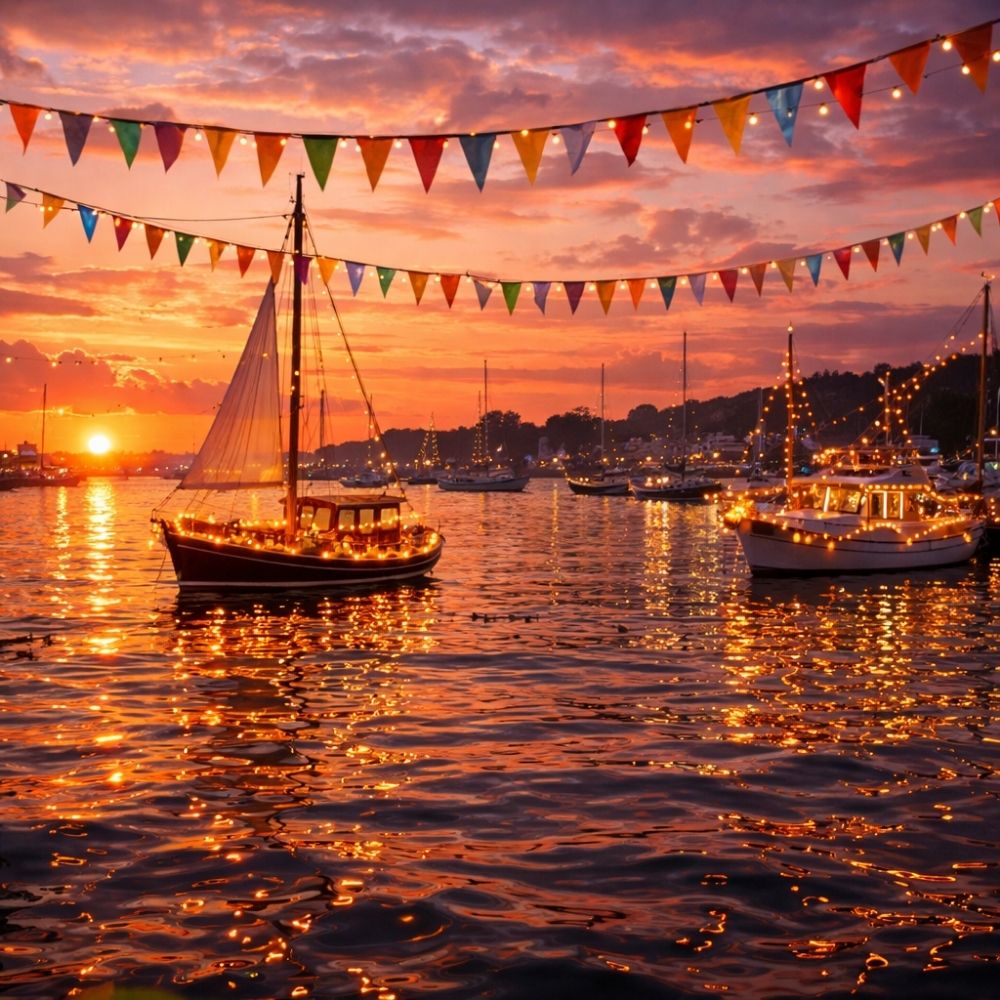 Maritime Party-Einladung digital – festlich beleuchteter Hafen mit Booten und Wimpeln