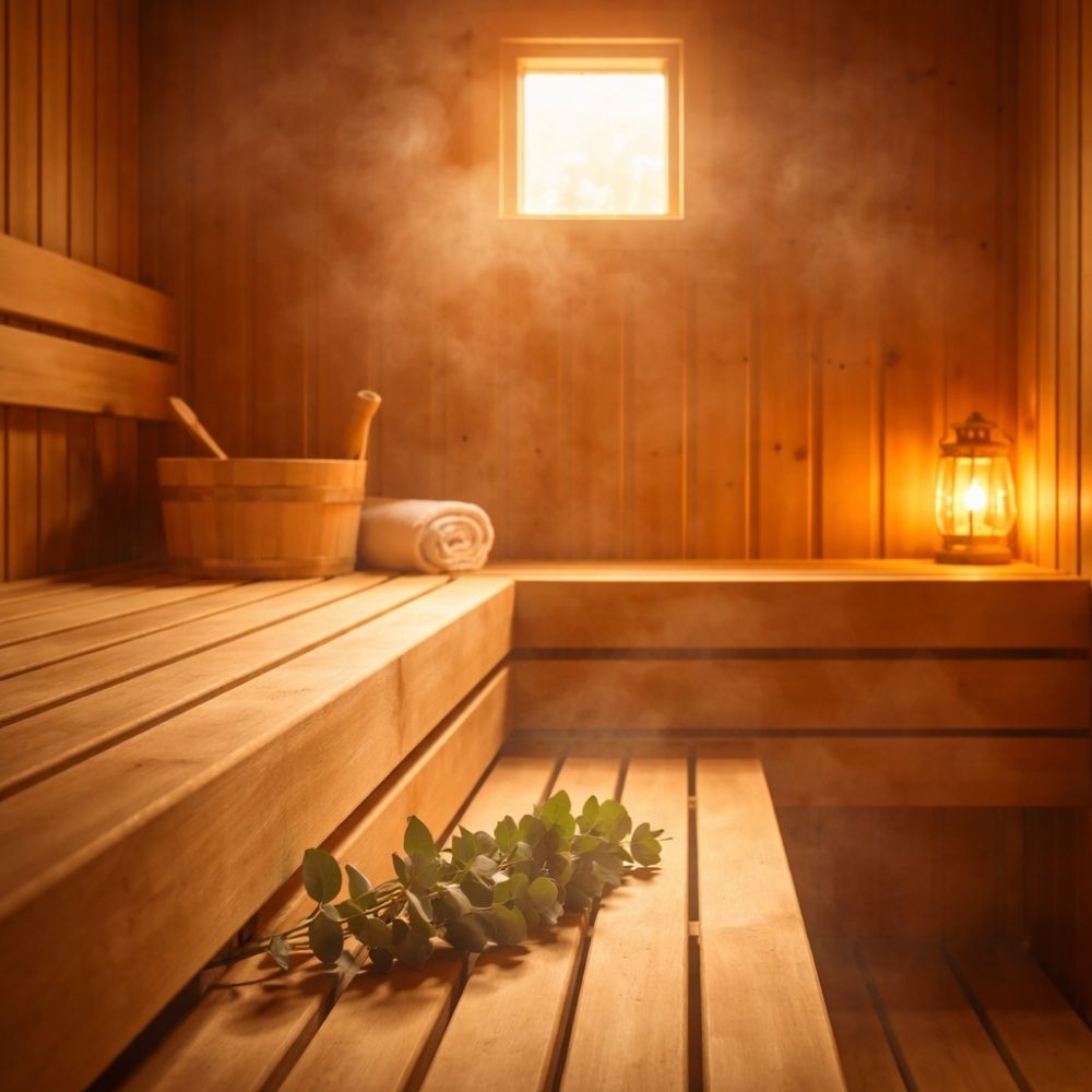 Gemütliche Holzsauna mit Eukalyptus als Motiv für einen Online Spa Wochenende Gutschein