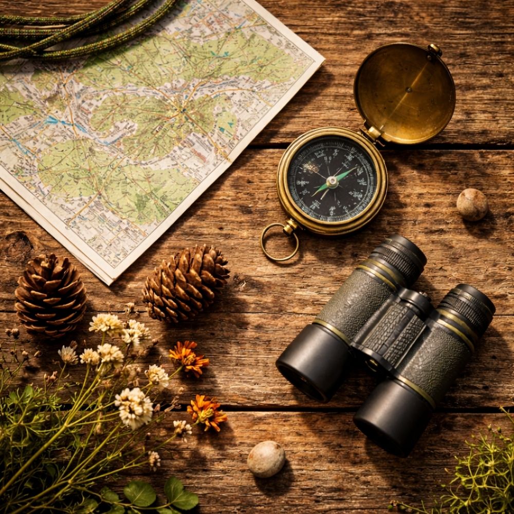 Outdoor-Accessoires wie Kompass und Karte auf Holz – Natur Gutschein Vorlage für alle Outdoor Aktivitäten