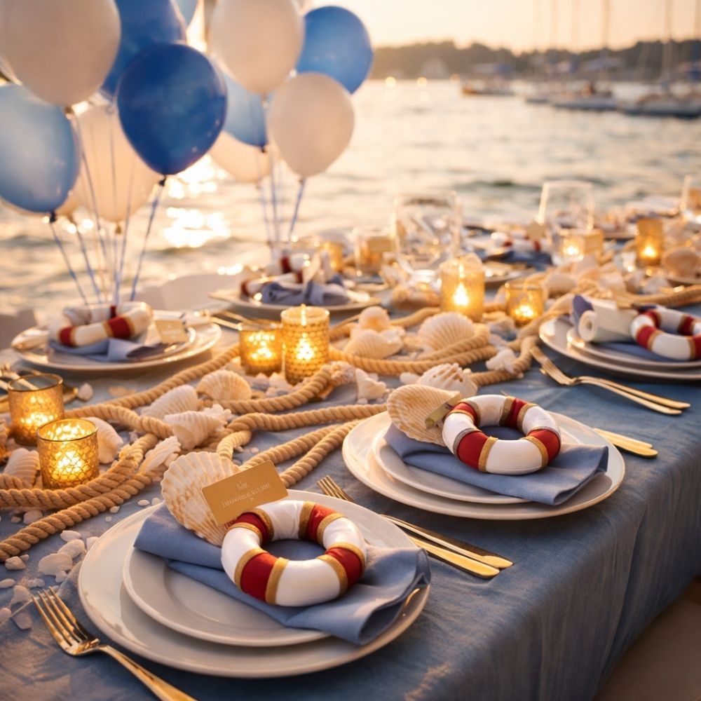Digitale maritime Geburtstagseinladung – festliche Tischdeko mit Ballons und Muscheln