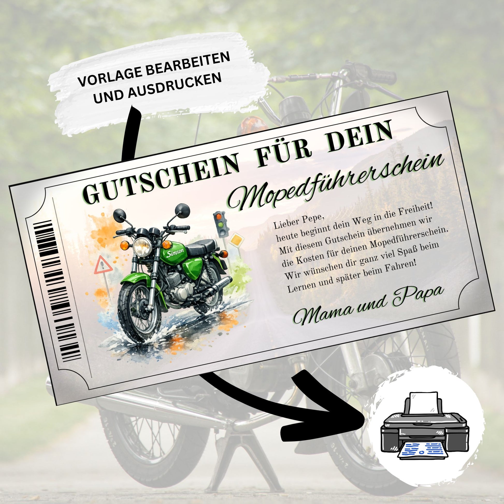 Personalisierter Mopedführerschein Gutschein zum Ausdrucken mit Namen