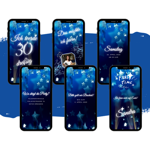 eCARD - Animierte blaue Einladungskarte Geburtstag mit Sterne