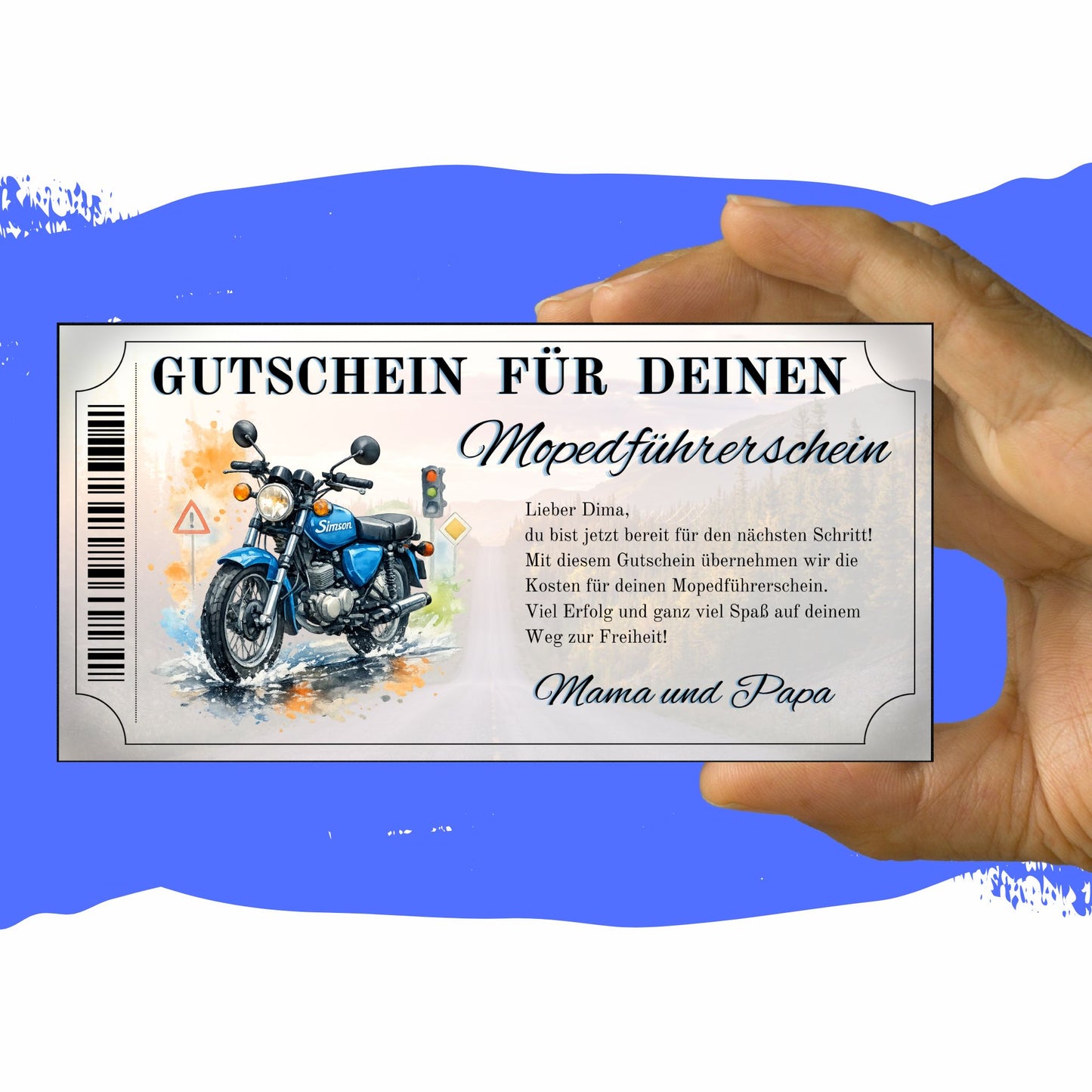 Gutschein Mopedführerschein blaue Simson Illustration Ticket-Design mit Barcode