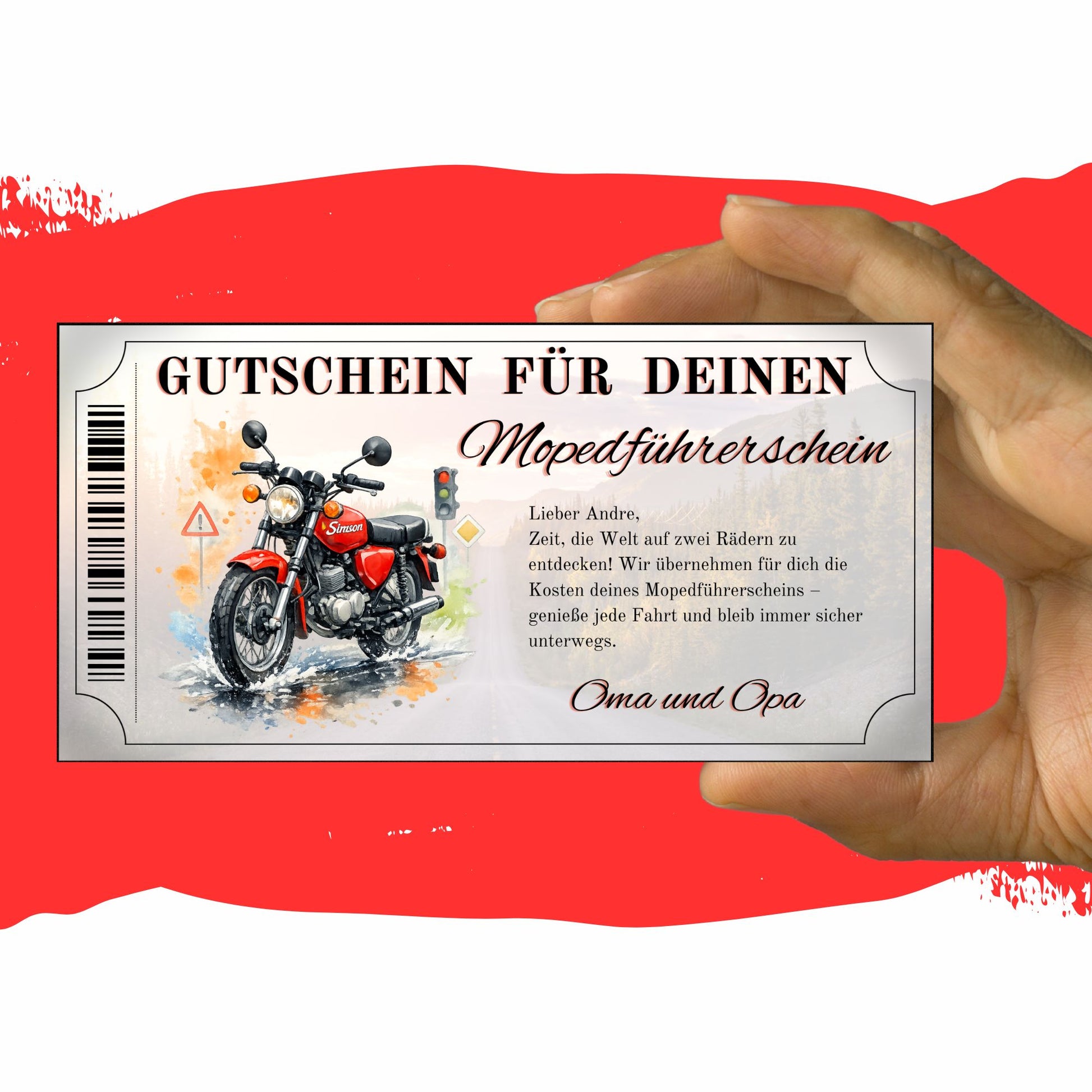 Gutschein Mopedführerschein rote Simson Illustration Ticket-Design mit Barcode