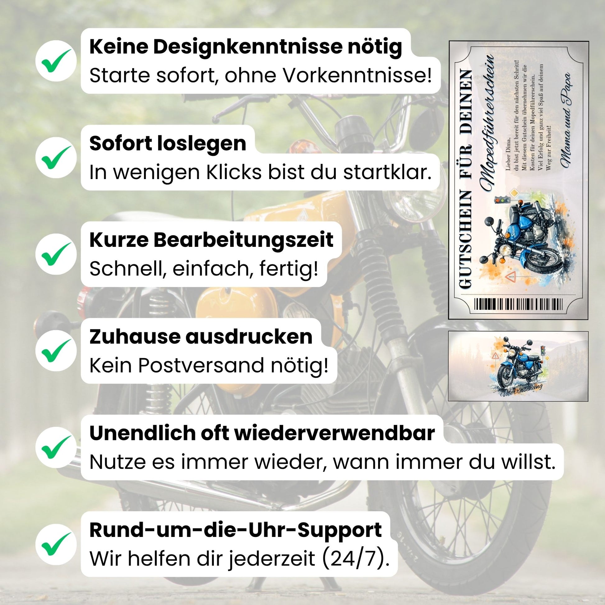 Digitaler Mopedführerschein Gutschein blaue Simson Edition selbst personalisieren
