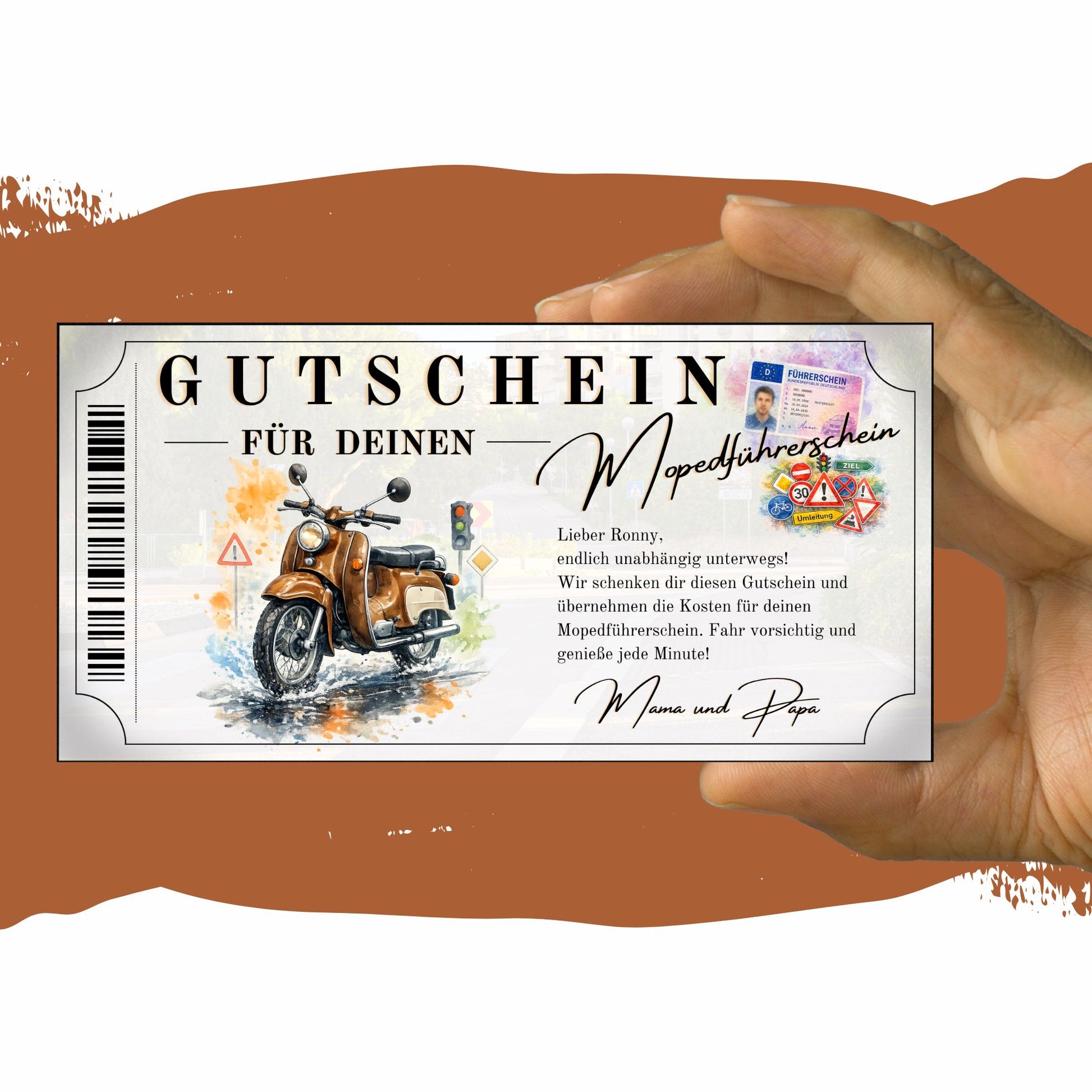 Gutschein Mopedführerschein Schwalbe Illustration mit Führerschein Collage und Barcode