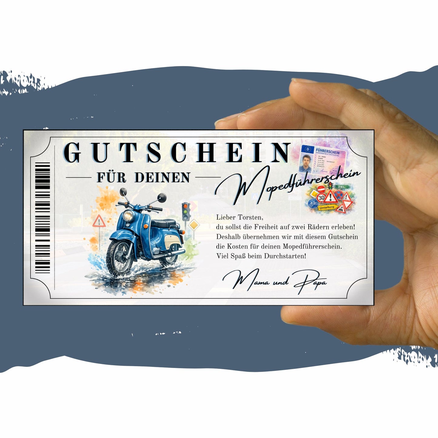 Gutschein Mopedführerschein blaue Schwalbe mit Führerschein Collage und Verkehrszeichen