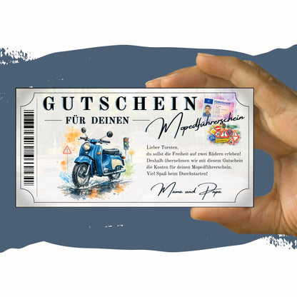 Gutschein Mopedführerschein blaue Schwalbe mit Führerschein Collage und Verkehrszeichen