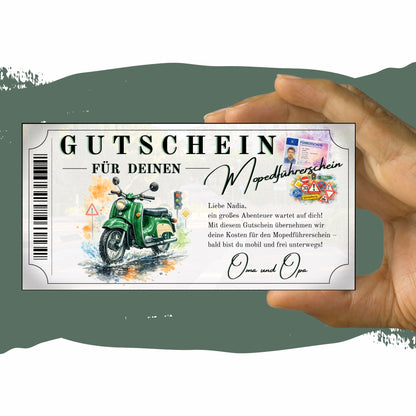Gutschein Mopedführerschein grüne Schwalbe mit Führerschein Collage und Verkehrszeichen