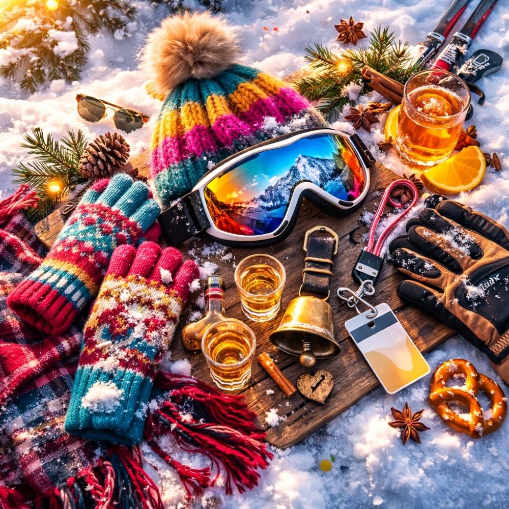 WhatsApp Einladung Après-Ski Mottoparty mit Flatlay von Wollmütze, Skibrille und winterlichen Accessoires im Schnee